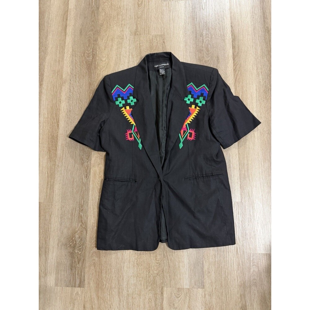 Ted Lapidus Paris Women’s Linen Blend Short Sleeve Blazer Aztec 80s Black 14
